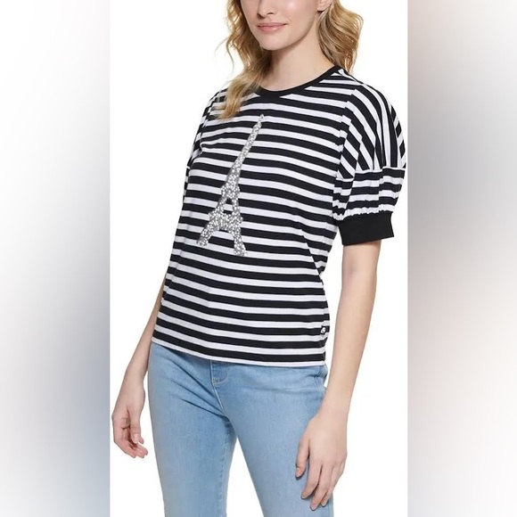 Karl Lagerfeld Tops - Karl Lagerfeld Paris Stripe Knit Eiffel Tower Short Puff Sleeve Tee S69-24